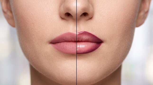 Before and after flat undefined lips to contoured ombr&eacute; lip makeup