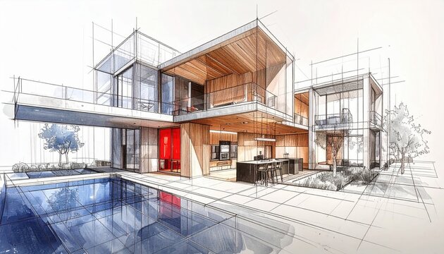 Modern architectural sketch of luxury villa featuring cantilevered floors glass walls private swimming pool and minimalist outdoor landscape