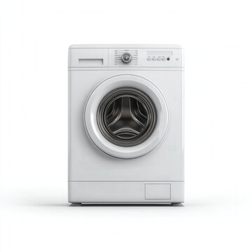 Front view of modern white washing machine isolated on white background with copy space for appliance advertising and laundry service promotions.