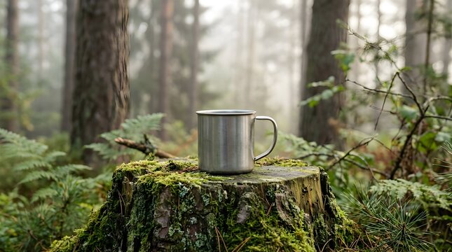 Stainless steel mug on mossy tree stump in misty pine forest morning
