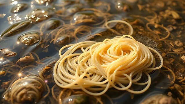 Cooked somen noodles drifting gently like water weeds in a clear, sun-dappled stream.