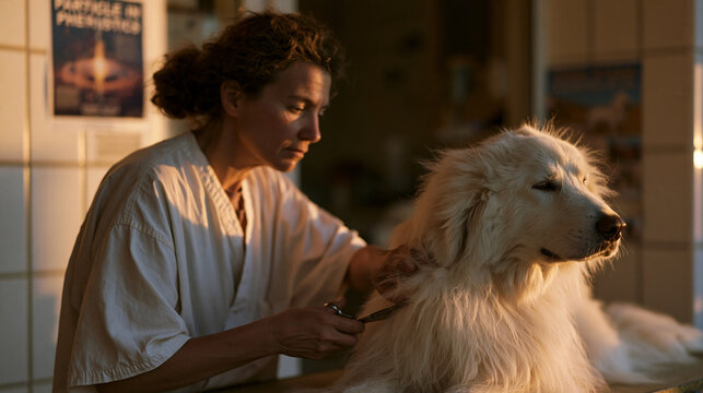 A dog groomer works alone in a golden hour grooming salon, carefully scissoring around a fluffy white dog's ears, the room glowing amber with late afternoon warmth, a particle