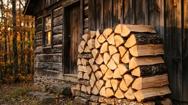 Stacked firewood logs outside a rustic wooden cabin in autumn forest