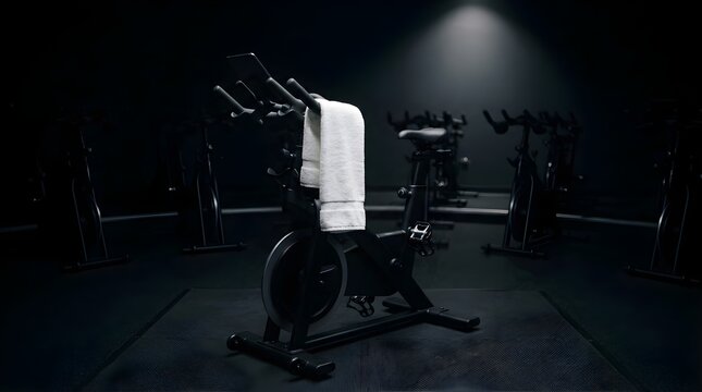 Stationary exercise bike with a towel in a dark indoor cycling studio