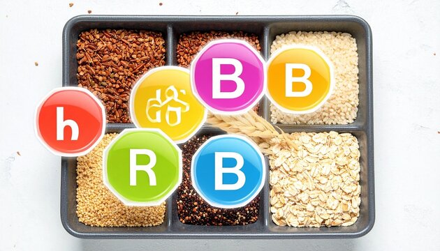 Radiant grains and nuts glow with surreal harmony, luminous vitamin B icons symbolizing resilience, unity, and transformation beneath cosmic skies of nourishment, renewal, and hope.
