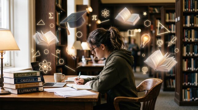 Student studying in library with books, education concept, academic success, knowledge acquisition, graduation cap icon, mathematics symbols, literature reading, research projec...