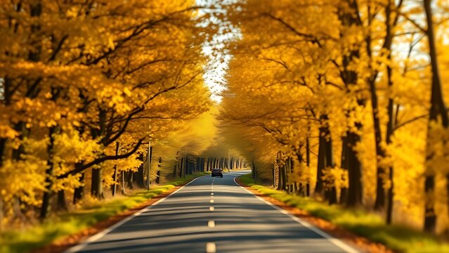 Golden autumn road in Sweden, lined with trees and dappled sunlight creating a serene atmosphere.