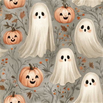 Halloween ghost and pumpkin pattern with autumn leaves and berries in vintage style