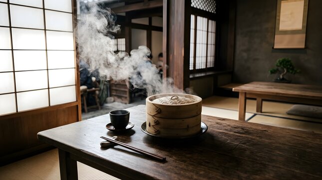 Steaming bamboo basket with dim sum on wooden table in traditional room