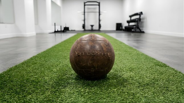 Vintage leather medicine ball on green turf in a modern gym interior