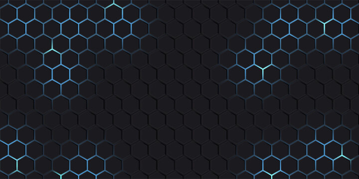 Dark hexagon tech pattern background with blue glowing neon light. Seamless futuristic dark metal honeycomb vector texture for cyber security, gaming backdrop, and technology presentation.