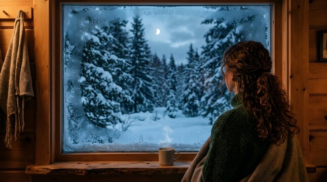 Woman looking at snowy forest from cabin window with hot coffee mug