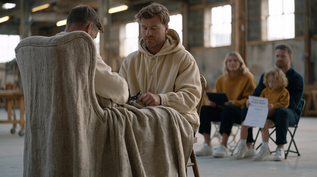 Upholsterer in a cavernous industrial warehouse staples heritage tweed onto a wingback chair frame as a family of four watches from folding chairs nearby a child clutching a