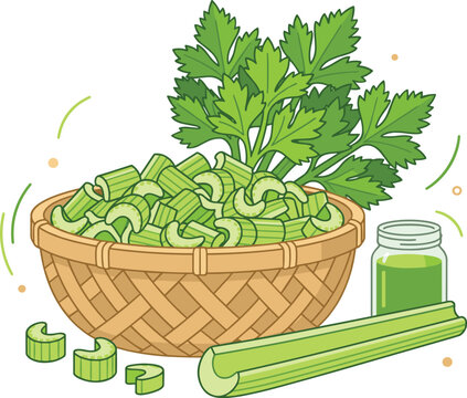Fresh celery vector illustration with chopped stalks in basket green leaves and healthy juice glass isolated on white background for diet recipe element
