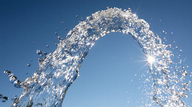 A fountain's water jet arching against a blue sky with sunlight creating glints.