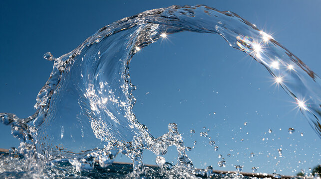 A fountain's water jet arching against a blue sky with sunlight creating glints.