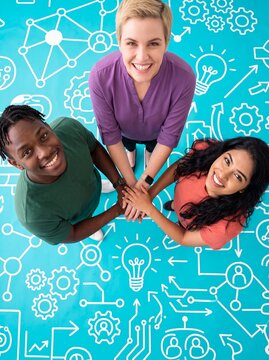teamwork collaboration diversity business team doodle innovation unity people community stack their hands together for partnership leadership motivation workplace culture and inclusive campaigns