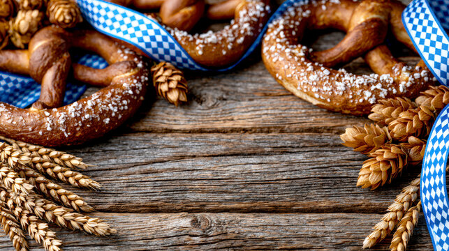 Oktoberfest pretzels wheat hops and Bavarian ribbon framing rustic wooden copy space