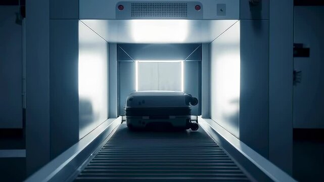 luggage entering airport scanner tunnel on conveyor system, automated screening process ensuring safety and threat detection, controlled indoor environment, transport security, inspection workflow