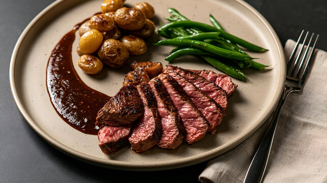 Restaurant style plated steak dinner cooked at home