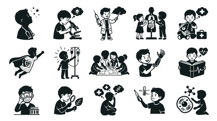 Naklejka premium Children in Medical Research, Science, and Healthcare Icons - Black and White Line Art