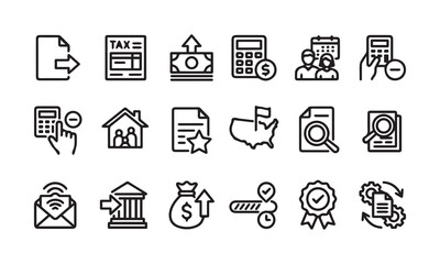 Fototapeta premium Set of financial management and tax related linear icons. document with arrow pointing right.