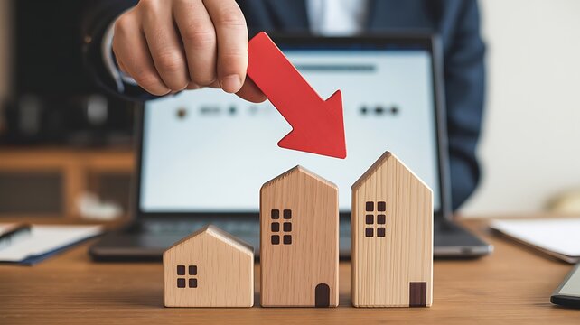 Housing market decline concept with red downward arrow over model homes and financial chart