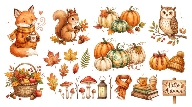 Cozy autumn watercolor clipart set with cute woodland animals, pumpkins, leaves, and fall elements.