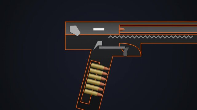 2D animation showing the internal mechanism of a continuous fire gun with bullets firing and ejecting