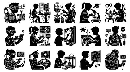 Fototapeta premium Technology Education Icons: Kids in STEM, Coding, Robotics, Space, Science