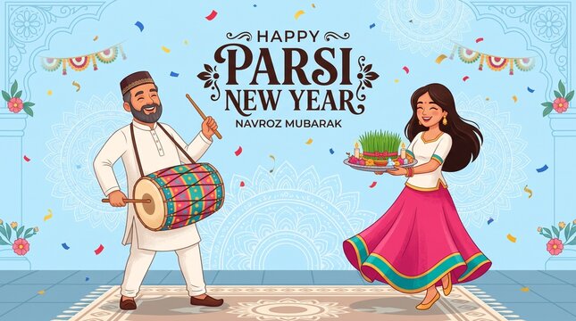 Joyful Parsi New Year celebration with traditional dance for festive greeting design
