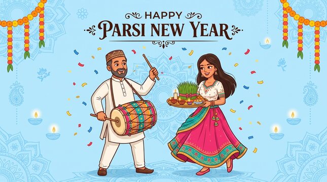 Joyful Parsi New Year celebration with traditional dance for festive greeting design