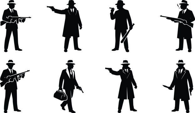 Collection of vintage gangster and mafia silhouettes with hats, coats, and weapons