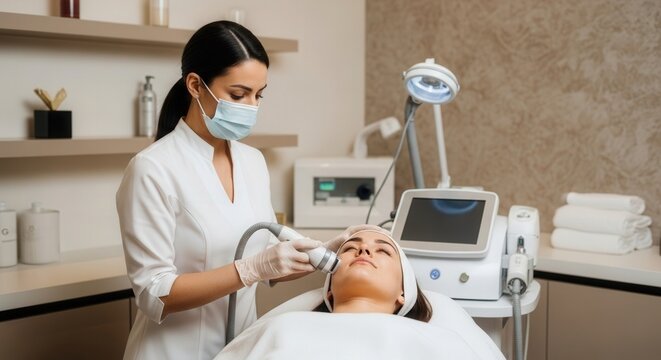 A beautician performs a facial hardware treatment on a patient using modern equipment in a calm, neutral-toned cosmetology clinic.