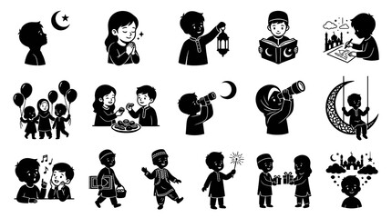 Obraz premium Islamic Culture Glyph Silhouette Illustrations of Muslim Children for Ramadan Eid Celebrations