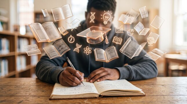 Student writing notes in notebook at library table with floating books and graduation cap icons representing online learning, distance education and academic knowledge acquisition.