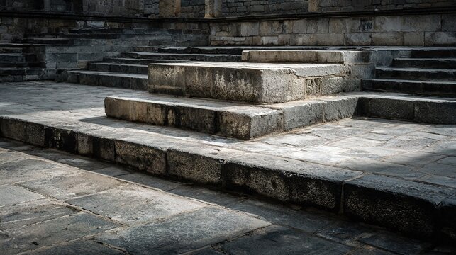 indentations. Empty ancient market square with stone steps showing indentations where a pillory once stood. event programs, museum guides, designed for cultural heritage projects and event programs.
