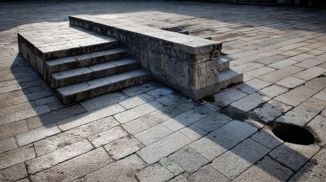 indentations. Empty ancient market square with stone steps showing indentations where a pillory once stood. event programs, museum guides, designed for cultural heritage projects and event programs.