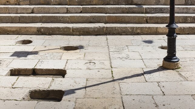indentations. Empty ancient market square with stone steps showing indentations where a pillory once stood. event programs, museum guides, designed for cultural heritage projects and event programs.