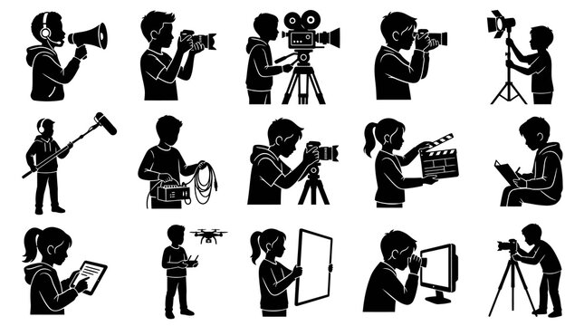 Black and white icons of kids with film equipment, filmmaking, video production
