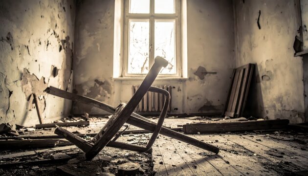 Dilapidated room with broken furniture and debris, casting long shadows from a window, evoking a sense of abandonment and decay