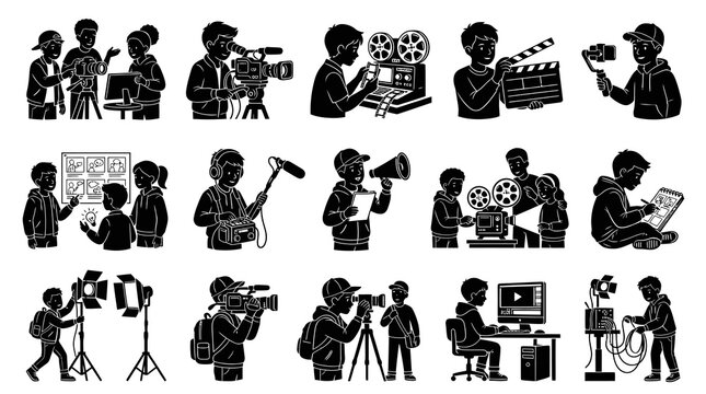Black and White Line Art Icons of Filmmaking and Video Production Process