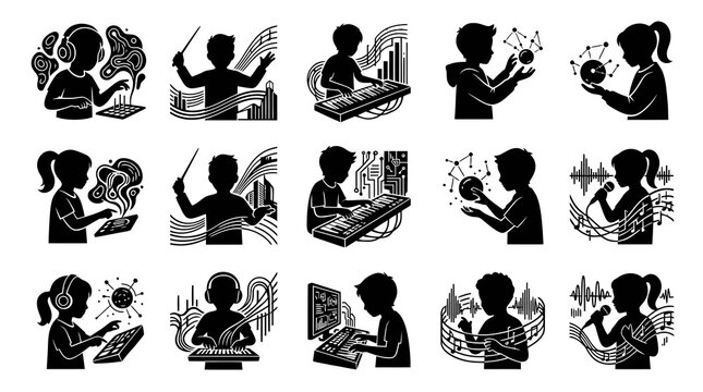 Black  White Silhouette Icons: Kids Learning Music  Technology, Education, Creation, Digital Tools Set