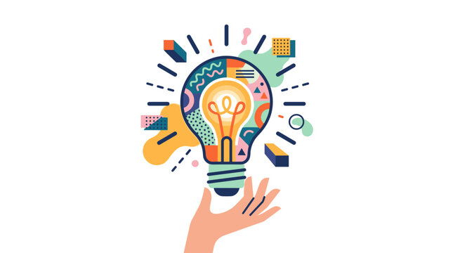Stylized lightbulb illustration with geometric Memphis patterns held by a hand on a white background; creative concept for business innovation, brainstorming, and artistic ideas.