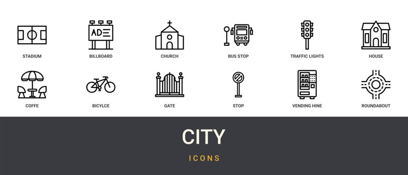 Set of 12 outline web City icons such as roundabout, vending hine, stop, gate, bicylce, coffe, house vector icons for report, presentation, diagram, web design, mobile app