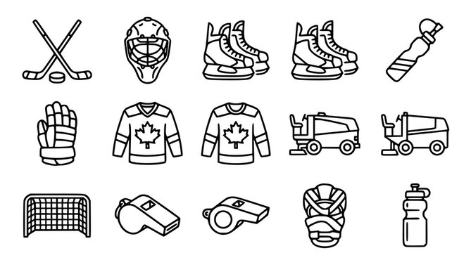 A collection of black and white ice hockey equipment icons featuring sticks skates jerseys goalie mask and rink maintenance machines