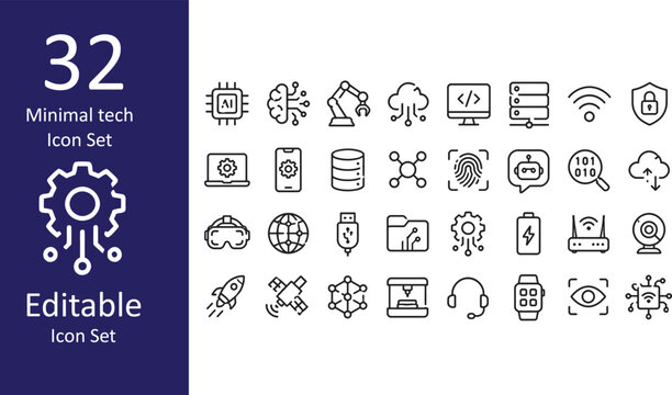 Minimal Tech Icon Set Featuring Gear Icon Cloud And Security Lock Symbols