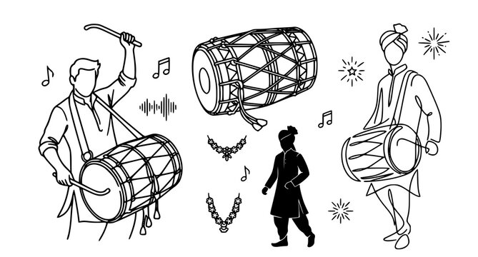 Black and white line art illustration featuring men playing traditional dhol drums during an indian wedding celebration cultural event