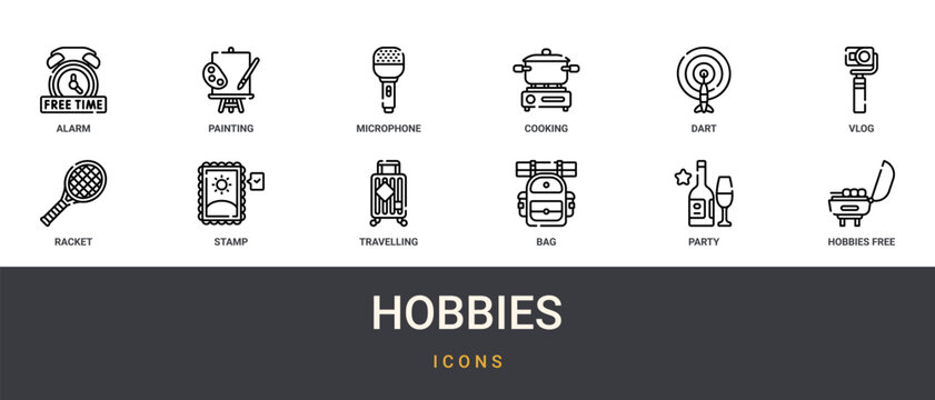 Set of 12 outline web Hobbies icons such as from hobbies and free time collection. Thin such as sausage, hot. for use on web and mobile apps, logo, print media., party, bag, travelling, stamp,