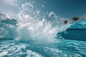 Naklejka premium Dynamic splash in clear blue swimming pool captured from water level with bright summer sky and copy space for refreshing lifestyle concepts.